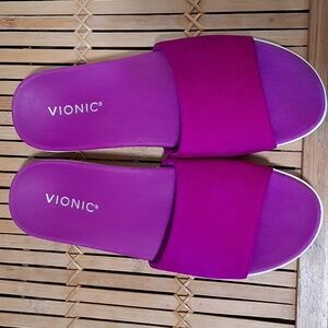 🚶‍♀️💜Vionic Val Newbuck Leather Neon Purple & White Sole Slide Sandals Size 8